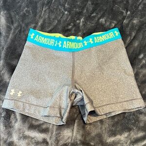 Under Armour Women's Gray Athletic Shorts with Blue Waistband